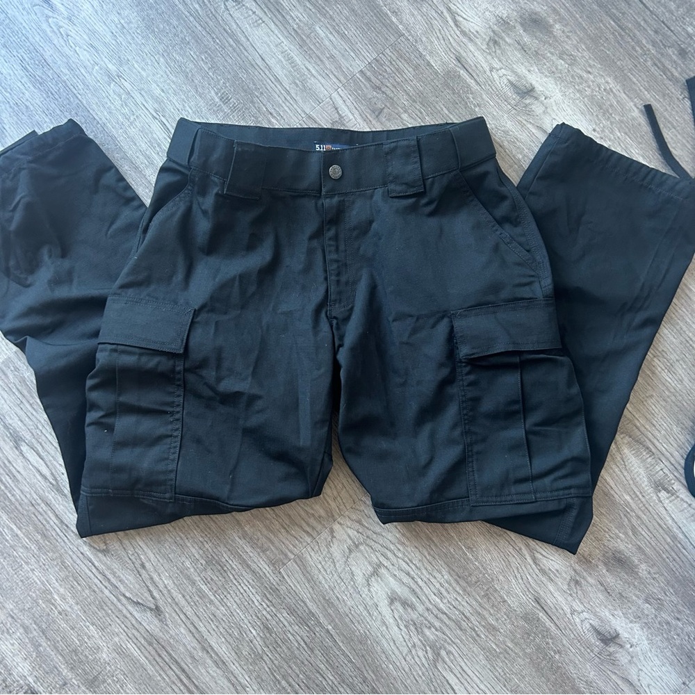 5.11 women’s Black Cargo Pants with elastic in waist and tie bottoms